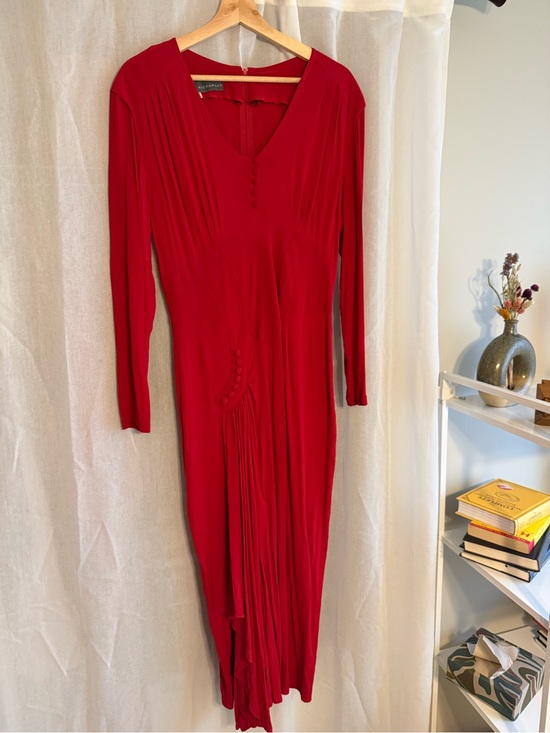 Vintage Dresses & Skirts - Red Long-Sleeve Gathered Waist Maxi Dress